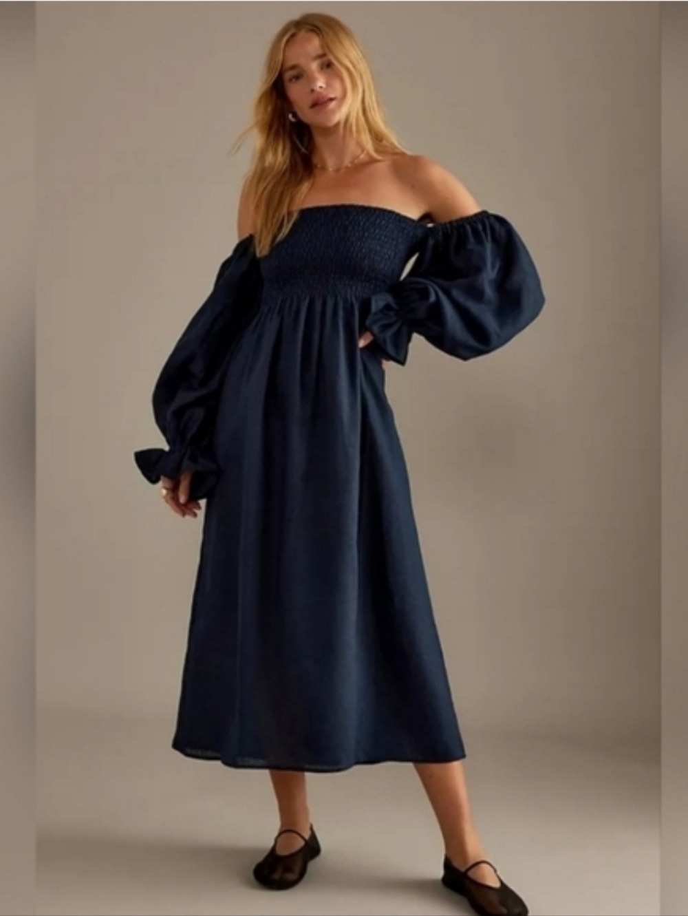 Sleeper. 100% linen atlanta midi dress in navy blue, large
